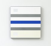 A white painting with horizontal stripes in the order grey, blue, grey – and a grey rectangle in the top left-hand corner.