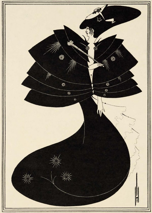 drawing of a woman in a long black cape